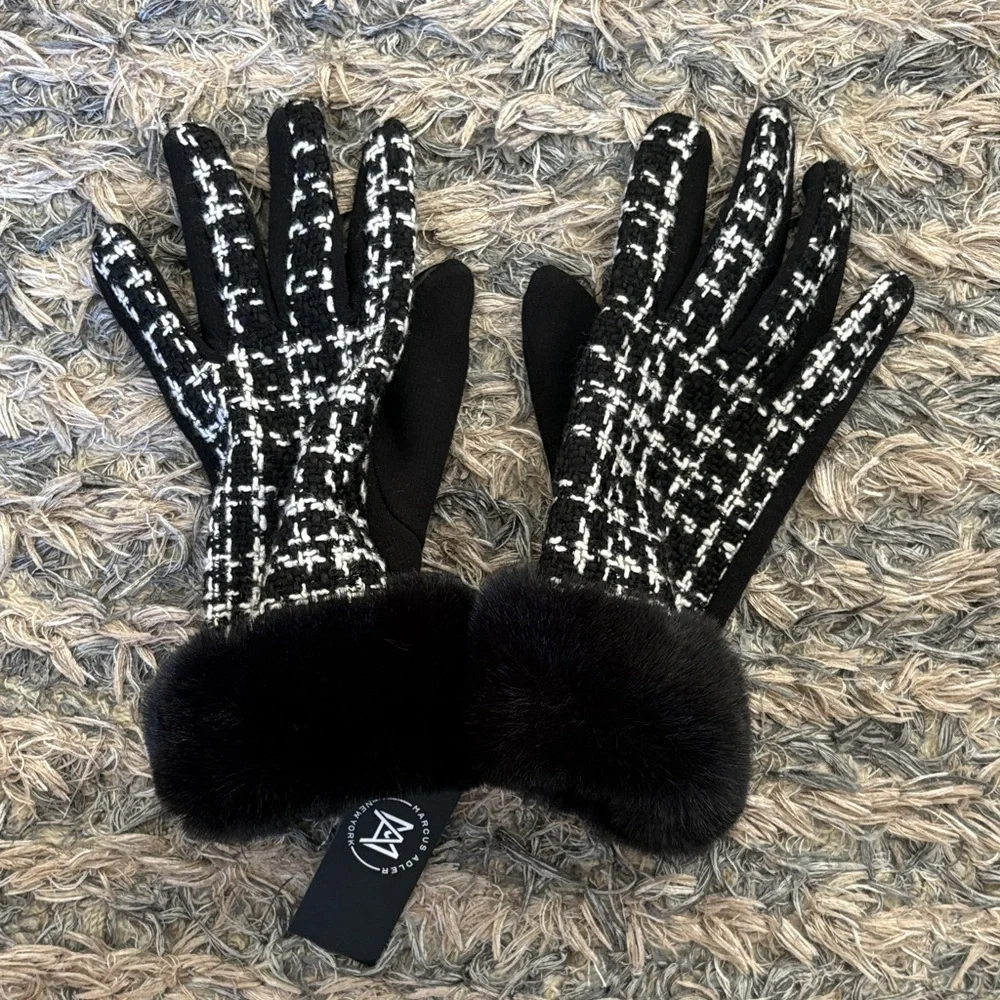 Marcus Adler Black White Tweed Faux Fur Cuff Touchscreen Women's Gloves New